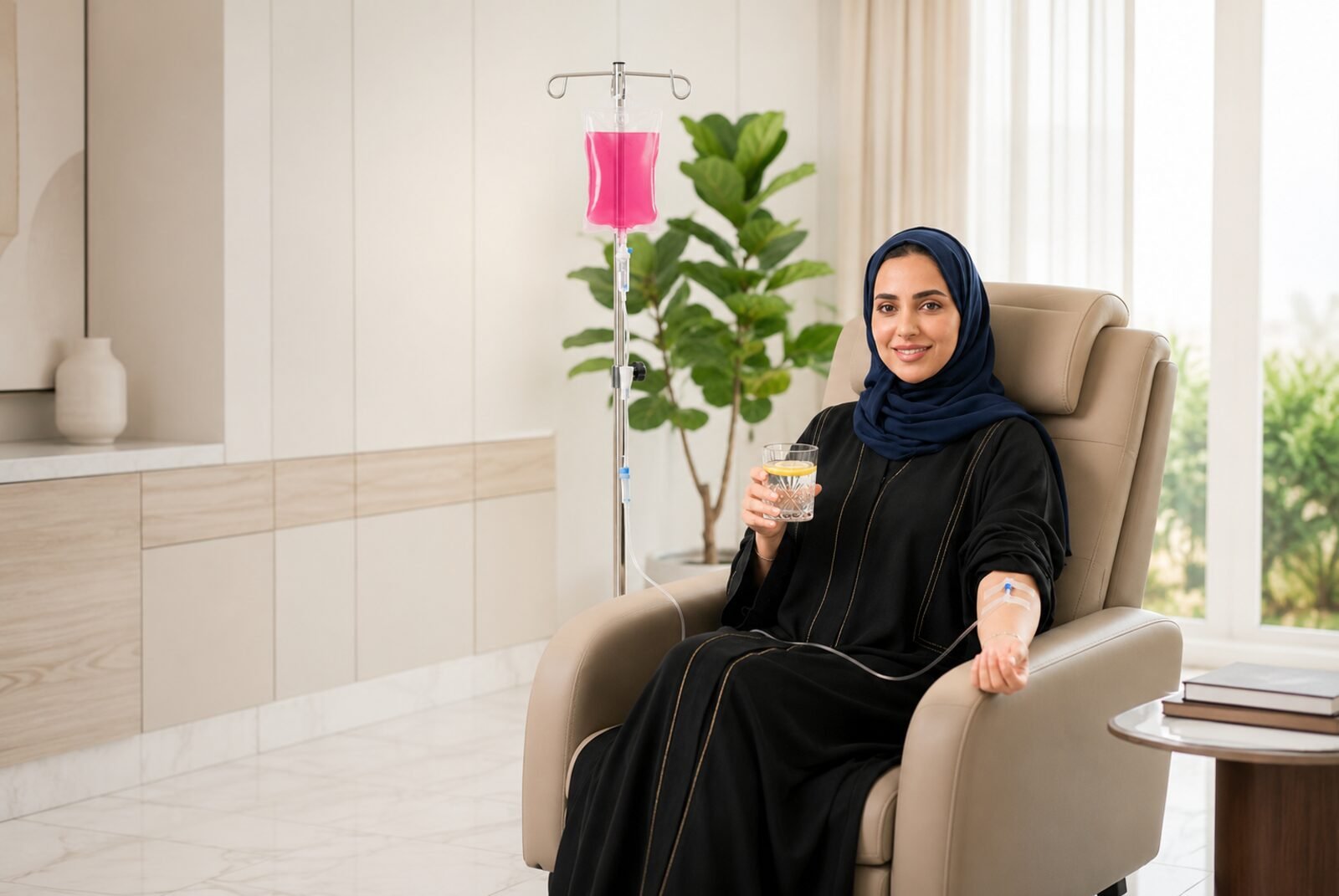 A woman receiving IV therapy comfortably and privately at home